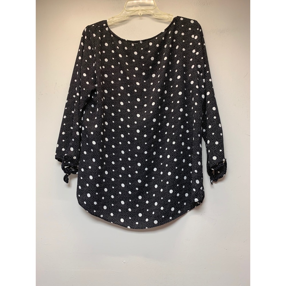 Enti Blouse Women XL Black White Polka Dot Excellent Tie Cuff 3/4 Sleeve Top